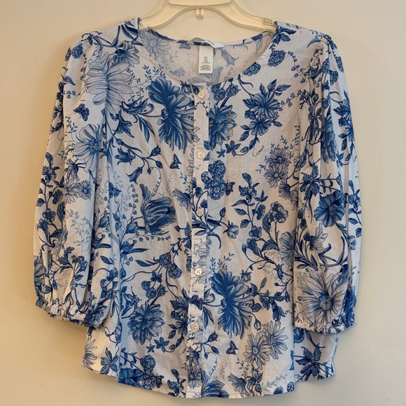 H&M Tops - H&M Blue Floral Linen Blend Button Down Women's Boho Blouse, size L